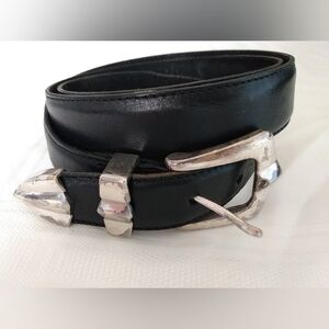 Vtg 1997 Black Genuine Leather Silverplate Western Belt 90s XL 48" Waist Cowgirl